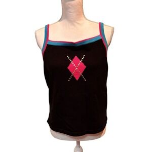 Jack B Quick Y2K Black Knit Sweater Rhinestone Argyle Spaghetti‎ Strap XL